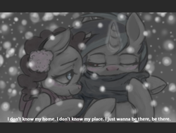 Size: 961x728 | Tagged: safe, artist:colorlesscupcake, dj pon-3, pinkie pie, vinyl scratch, earth pony, pony, unicorn, fake screencap, female, lesbian, shipping, snow, snowfall, subtitles, vinylpie