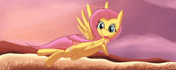 Size: 1000x400 | Tagged: safe, artist:bendykins, fluttershy, pegasus, pony, field, flower, flying, solo