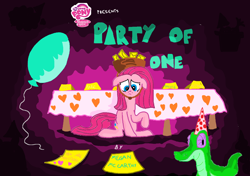 Size: 1440x1012 | Tagged: safe, artist:seriousdog, gummy, pinkie pie, earth pony, pony, party of one, balloon, pinkamena diane pie, title card