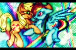 Size: 1024x671 | Tagged: safe, artist:candyphantom123, derpibooru import, applejack, rainbow dash, earth pony, pegasus, pony, accessory swap, appledash, female, holding hooves, lesbian, shipping