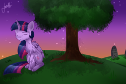 Size: 3000x2000 | Tagged: safe, artist:pastelflakes, derpibooru import, rarity, twilight sparkle, twilight sparkle (alicorn), alicorn, pony, unicorn, female, gravestone, immortality blues, implied death, mare, sad, solo, twilight (astronomy), twilight will outlive her friends