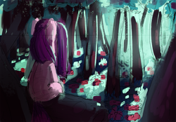 Size: 851x592 | Tagged: safe, artist:mewball, pinkie pie, earth pony, pony, flower, forest, pinkamena diane pie, scenery, sitting, solo, tree