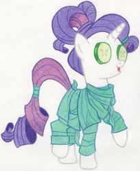 Size: 1885x2307 | Tagged: safe, artist:muffin mane, rarity, pony, unicorn, green isn't your color, alternate hairstyle, cucumber, raised hoof, seaweed wrap, solo, traditional art