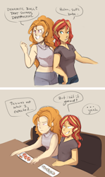 Size: 1280x2149 | Tagged: safe, artist:mlp-hearts, adagio dazzle, sunset shimmer, equestria girls, belly, clothes, comic, dialogue, female, food, lesbian, midriff, shipping, sunsagio, sunset sushi, sushi, tanktop