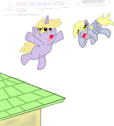 Size: 521x580 | Tagged: safe, artist:kisashika, derpy hooves, dinky hooves, pegasus, pony, unicorn, derp, equestria's worst mother, female, filly, frown, horrified, jumping, mare, open mouth, roof, simple background, squishy cheeks, this will end in tears, too dumb to live, transparent background, wide eyes