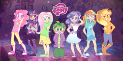 Size: 1900x939 | Tagged: safe, artist:doctorped, derpibooru import, applejack, fluttershy, pinkie pie, rainbow dash, rarity, spike, twilight sparkle, human, clothes, converse, dress, humanized, mane seven, mane six, shoes, skirt