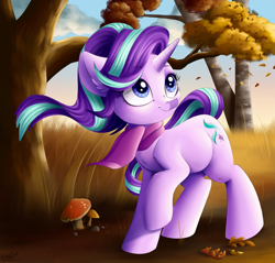 Size: 4277x4093 | Tagged: safe, artist:faline-art, starlight glimmer, pony, unicorn, absurd resolution, autumn, breeze, chest fluff, clothes, cute, ear fluff, female, glimmerbetes, leaves, leg fluff, mare, mushroom, raised hoof, scarf, solo, tree