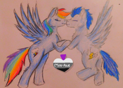 Size: 3457x2473 | Tagged: safe, artist:miss-ace712, derpibooru import, rainbow dash, soarin', pegasus, pony, female, kissing, male, old cutie mark, shipping, soarindash, straight, traditional art, watermark