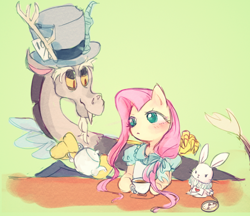 Size: 580x500 | Tagged: safe, artist:irislis44, angel bunny, discord, fluttershy, draconequus, pegasus, pony, rabbit, alice in wonderland, blushing, clock, clothes, cup, dress, female, food, green background, hair ribbon, hat, mad hatter, male, mare, pixiv, pocket watch, ribbon, simple background, tea, teacup