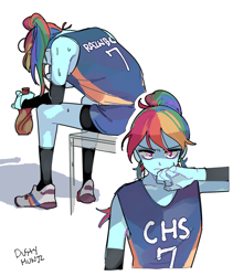 Size: 1258x1490 | Tagged: safe, artist:dusty-munji, rainbow dash, equestria girls, clothes, female, shirt, shoes, shorts, signature, simple background, sitting, sneakers, solo, white background