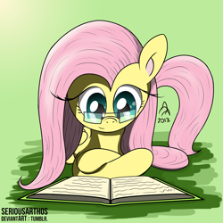 Size: 1500x1500 | Tagged: safe, artist:seriousarthos, fluttershy, pegasus, pony, book, glasses, reading, solo