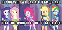 Size: 610x297 | Tagged: safe, derpibooru import, applejack, fluttershy, pinkie pie, rainbow dash, rarity, equestria girls, abuse, jackabuse, meme, oh crap, op is a cuck, pinkie has a crazy idea, this will end in tears, this will not end well