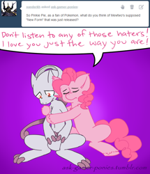 Size: 636x740 | Tagged: safe, artist:maniacalmelody, pinkie pie, earth pony, pony, comforting, crossover, crying, hug, mega evolution, mega mewtwo y, mewtwo, pokémon, pokémon x and y, sad, text, tumblr