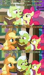 Size: 461x781 | Tagged: safe, apple bloom, applejack, granny smith, earth pony, pony, apple family reunion, book, comic, image macro, pokémon