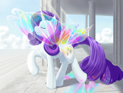 Size: 1600x1200 | Tagged: safe, artist:dstears, rarity, pony, unicorn, butterfly wings, crepuscular rays, glimmer wings, long tail, solo, wings