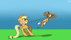 Size: 1024x576 | Tagged: safe, artist:kev-darkhood, applejack, earth pony, pony, crossover, dust: an elysian tail, fidget (character), lasso, rope