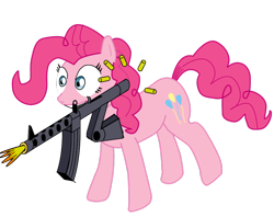 Size: 900x713 | Tagged: safe, artist:fl3tch3r2k, pinkie pie, earth pony, pony, female, gun, mare, pink coat, pink mane, solo