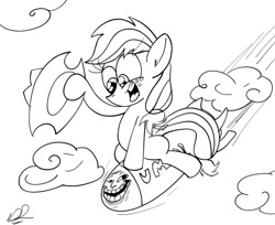 Size: 988x808 | Tagged: safe, artist:daniel-sg, applejack, earth pony, pony, cloud, cloudy, dr. strangelove, hat, lineart, monochrome, riding, riding a bomb, rocket, solo, trollface