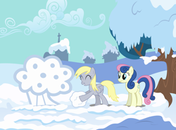 Size: 5656x4159 | Tagged: safe, artist:notlikelyanartist, bon bon, derpy hooves, sweetie drops, pegasus, pony, absurd resolution, female, mare, muffin, snow, snow sculpture, snowmuffin, that pony sure does love muffins, winter