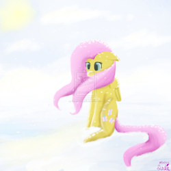 Size: 894x894 | Tagged: safe, artist:candiedkittens, fluttershy, pegasus, pony, female, mare, pink mane, snow, yellow coat