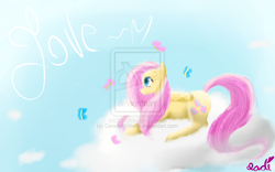 Size: 1024x640 | Tagged: safe, artist:candiedkittens, fluttershy, butterfly, pegasus, pony, cloud, cloudy, love, solo, watermark