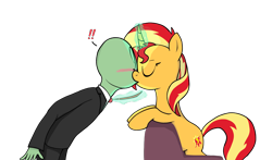 Size: 1720x1010 | Tagged: safe, artist:zharkaer, sunset shimmer, oc, oc:anon, human, pony, equestria girls, blushing, chair, curved horn, exclamation point, eyes closed, interspecies, kissing, magic, necktie, simple background, surprise kiss, surprised, telekinesis, transparent background