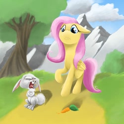 Size: 2000x2000 | Tagged: safe, artist:olafski, angel bunny, fluttershy, pegasus, pony, dragonshy, angel is a bunny bastard, carrot, defiance, refusal, scene interpretation