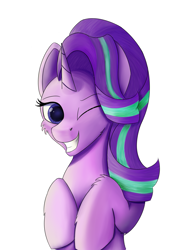 Size: 2003x2723 | Tagged: safe, alternate version, artist:lunar froxy, starlight glimmer, pony, unicorn, one eye closed, simple background, smiling, solo, white background, wink