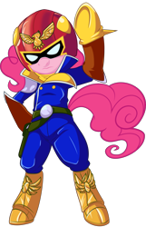 Size: 3000x4645 | Tagged: safe, artist:fizzy-dog, artist:umbravivens, pinkie pie, pony, bipedal, captain falcon, clothes, costume, crossover, f-zero, nintendo, solo