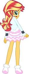 Size: 2003x5124 | Tagged: safe, artist:osipush, part of a set, sunset shimmer, equestria girls, absurd resolution, clothes, commission, cute, dress, female, frilly dress, headset, legs, looking at you, looking back, microphone, rear view, shimmerbetes, shoes, simple background, skirt, smiling, solo, transparent background, vector, winter outfit