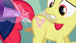 Size: 1280x720 | Tagged: safe, derpibooru import, edit, edited screencap, screencap, apple bloom, twilight sparkle, twist, call of the cutie, alternate cutie mark, cutie mark