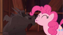 Size: 500x281 | Tagged: safe, artist:petitange1, pinkie pie, earth pony, gargoyle, pony, crack shipping, crossover shipping, disney, female, hugo, hunchback of notre dame, imminent kissing, kissy face, male, straight, vector, wat