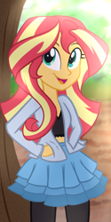 Size: 1000x2000 | Tagged: safe, artist:wubcakeva, sunset shimmer, equestria girls, clothes, crossover, cute, hands in pockets, heathers, midriff, open mouth, pantyhose, shimmerbetes, skirt, smiling, solo, sunlight, tree