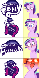 Size: 1500x3000 | Tagged: safe, artist:zouyugi, edit, starlight glimmer, pony, unicorn, equestria girls, :t, blushing, comic, cute, equestria girls logo, exploitable meme, faic, fangirl, female, glimmerbetes, glowing eyes, glowing eyes meme, happy, humie, in-universe pegasister, lidded eyes, logo, logo edit, mare, meme, misspelling, my little human, my little pony logo, my little x, open mouth, red eyes, role reversal, satisfying, simple background, smiling, smirk, solo, story in the comments, wat, wide eyes