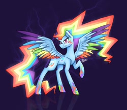 Size: 1800x1560 | Tagged: safe, artist:magicstar919, derpibooru import, rainbow dash, pegasus, pony, colored wings, dark background, ethereal mane, multicolored wings, rainbow power, rainbow wings, raised hoof, solo