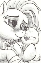 Size: 1089x1691 | Tagged: safe, artist:crazyrabidpony, fluttershy, oc, griffon, pegasus, pony, baby, fanfic, monochrome, traditional art