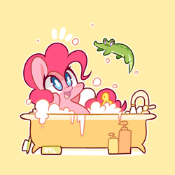 Size: 950x950 | Tagged: safe, artist:php56, gummy, pinkie pie, earth pony, pony, bath, bathtub, bubble bath, chibi, claw foot bathtub, rubber duck, soap, water, wet