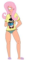 Size: 808x1512 | Tagged: safe, artist:synch-anon, fluttershy, clothes, crossover, futurama, futureshy, leela, nibbler, panties, recolor, solo, striped underwear, underwear