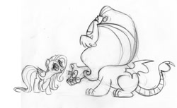 Size: 900x550 | Tagged: safe, artist:lauren faust, fluttershy, manny roar, manticore, pegasus, pony, color me, concept art, duo, female, grayscale, mare, monochrome, raised hoof, raised paw, thorn, traditional art