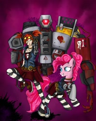 Size: 798x1001 | Tagged: safe, artist:steptrool, pinkie pie, earth pony, pony, amputee, borderlands, borderlands 2, crossover, deathtrap, gaige, gun, mechromancer, revolver, science fiction, weapon