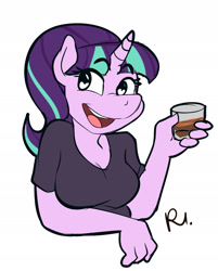 Size: 1550x1927 | Tagged: safe, artist:bluecoffeedog, starlight glimmer, anthro, unicorn, bust, clothes, drink, mare in the moon, moon, simple background, smiling, solo, white background