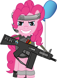 Size: 764x1046 | Tagged: safe, artist:karpiupl, pinkie pie, earth pony, pony, aa-12, balloon, grin, gun, headset, operator, shells, shotgun, solo