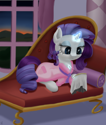 Size: 1080x1280 | Tagged: safe, artist:midwestbrony, rarity, pony, unicorn, bathrobe, bed mane, clothes, magic, morning ponies, needlepoint, robe, solo, sunrise