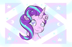 Size: 1024x674 | Tagged: safe, artist:cozmicpandawolf, starlight glimmer, pony, unicorn, abstract background, bust, cute, female, glimmerbetes, looking at you, mare, portrait, puppy dog eyes, smiling, solo