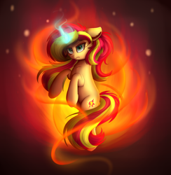 Size: 1908x1952 | Tagged: safe, artist:vanillaghosties, sunset shimmer, pony, fiery shimmer, fire, magic, solo