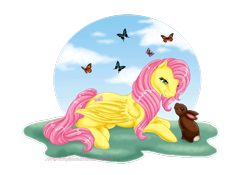 Size: 1280x894 | Tagged: safe, artist:honeykitten, fluttershy, butterfly, pegasus, pony, rabbit, solo