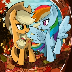 Size: 1000x1000 | Tagged: safe, artist:bojack_mlplove, derpibooru import, applejack, rainbow dash, earth pony, pegasus, pony, fall weather friends, appledash, autumn, cowboy hat, duo, female, hat, leaves, lesbian, looking at each other, running of the leaves, shipping