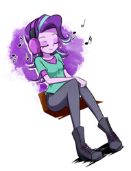 Size: 598x781 | Tagged: safe, artist:twilite-sparkleplz, starlight glimmer, equestria girls, mirror magic, spoiler:eqg specials, clothes, eyes closed, female, headphones, listening, missing accessory, music, music notes, pants, shirt, simple background, sitting, smiling, solo, white background