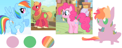 Size: 1360x540 | Tagged: safe, artist:angelstar000, derpibooru import, big macintosh, pinkie pie, rainbow dash, oc, oc:zapp apple punch, earth pony, pegasus, pony, color palette, freckles, magical threesome spawn, offspring, parent:big macintosh, parent:pinkie pie, parent:rainbow dash, simple background, white background