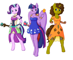 Size: 5400x4500 | Tagged: safe, artist:bigrinth, starlight glimmer, twilight sparkle, twilight sparkle (alicorn), oc, alicorn, anthro, earth pony, unguligrade anthro, unicorn, absurd resolution, breasts, cleavage, clothes, dress, fire, magic, magician, robe, wand